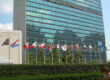 International flags in front of glass skyscraper