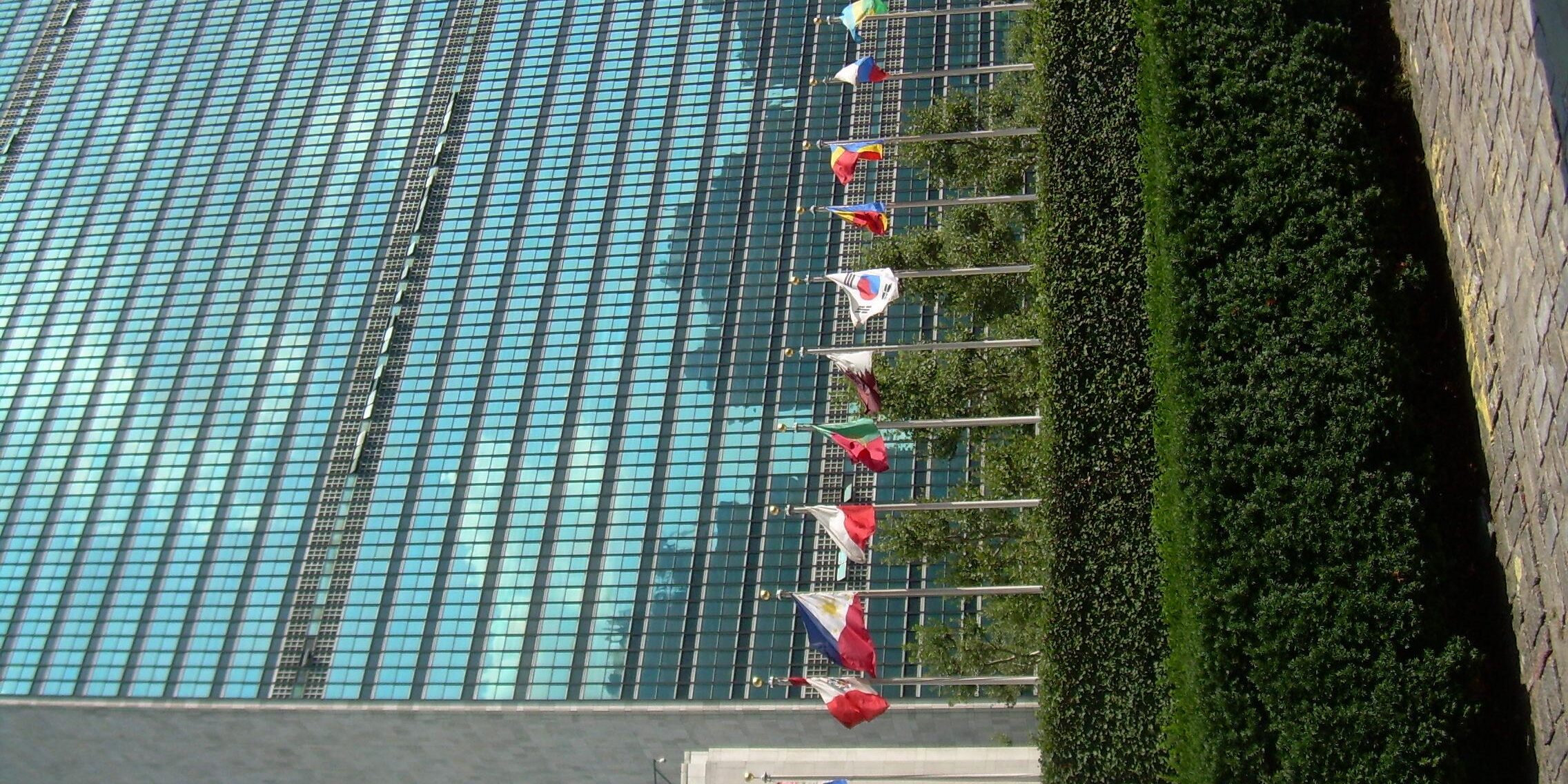 United Nations headquarters with flags United Nations headquarters with flags