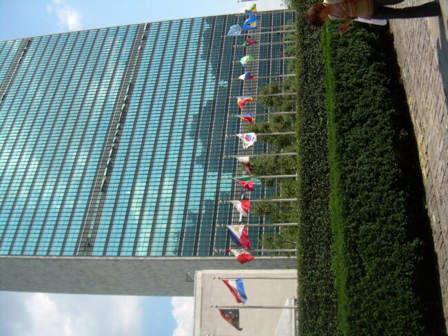 United Nations headquarters with flags