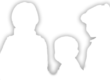 Simple black silhouette of three people standing close together.