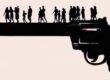 Silhouettes of people standing on a gun barrel.