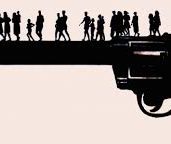 Silhouettes of people standing on a gun barrel.