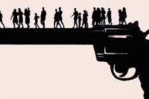 Silhouettes of people standing on a gun barrel.