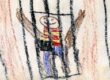 Child climbing a rope or ladder between buildings.