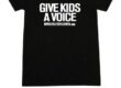 Black T-shirt with bold white text advocating for children's voices.