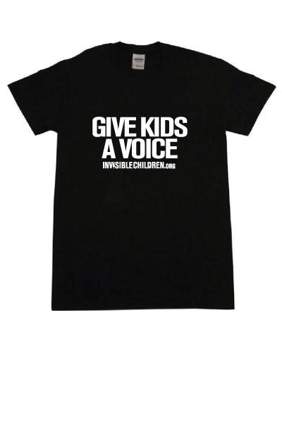 Black T-shirt with bold white text advocating for children's voices.