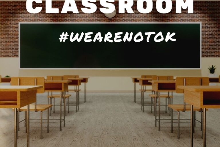 ACES Impact in the Classroom Empty classroom with text about ACES impact and hashtag #WEARENOTOK.
