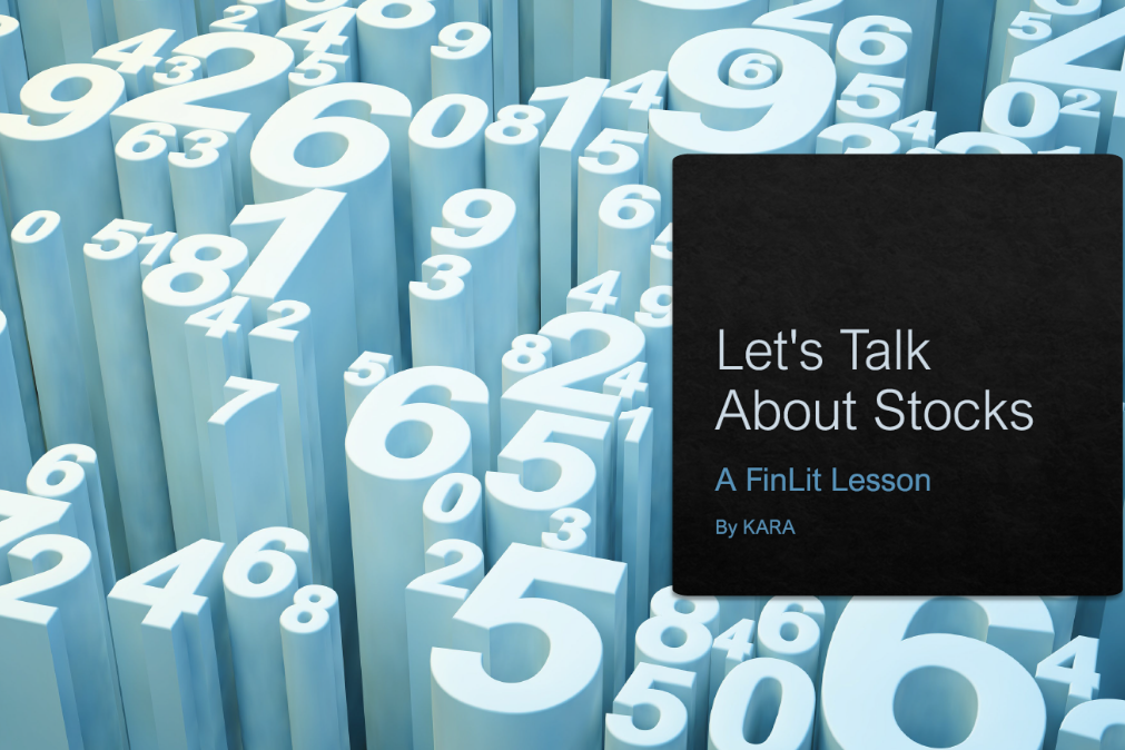 3D numbers with a text bubble saying 'Let's Talk About Stocks'.