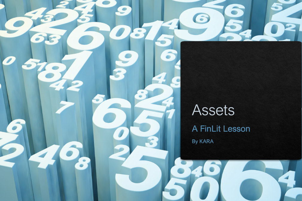 A digital card labeled 'Assets' with a 3D background of floating numbers.