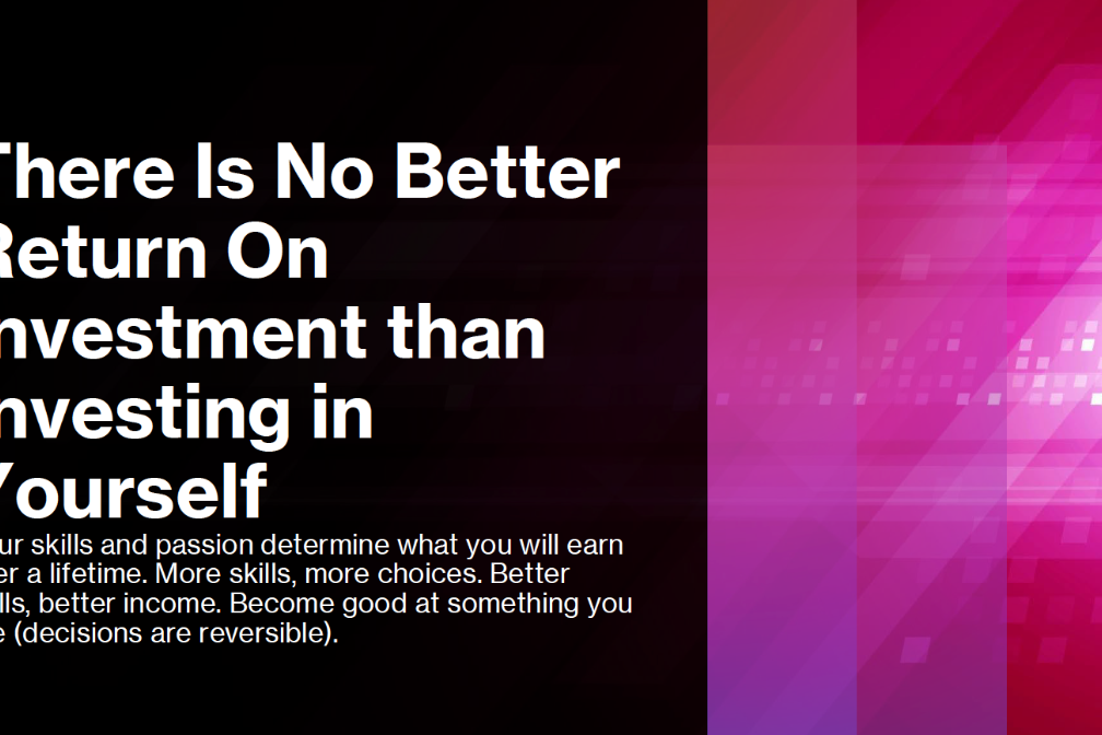 Motivational quote about investing in yourself with a vibrant pink background.